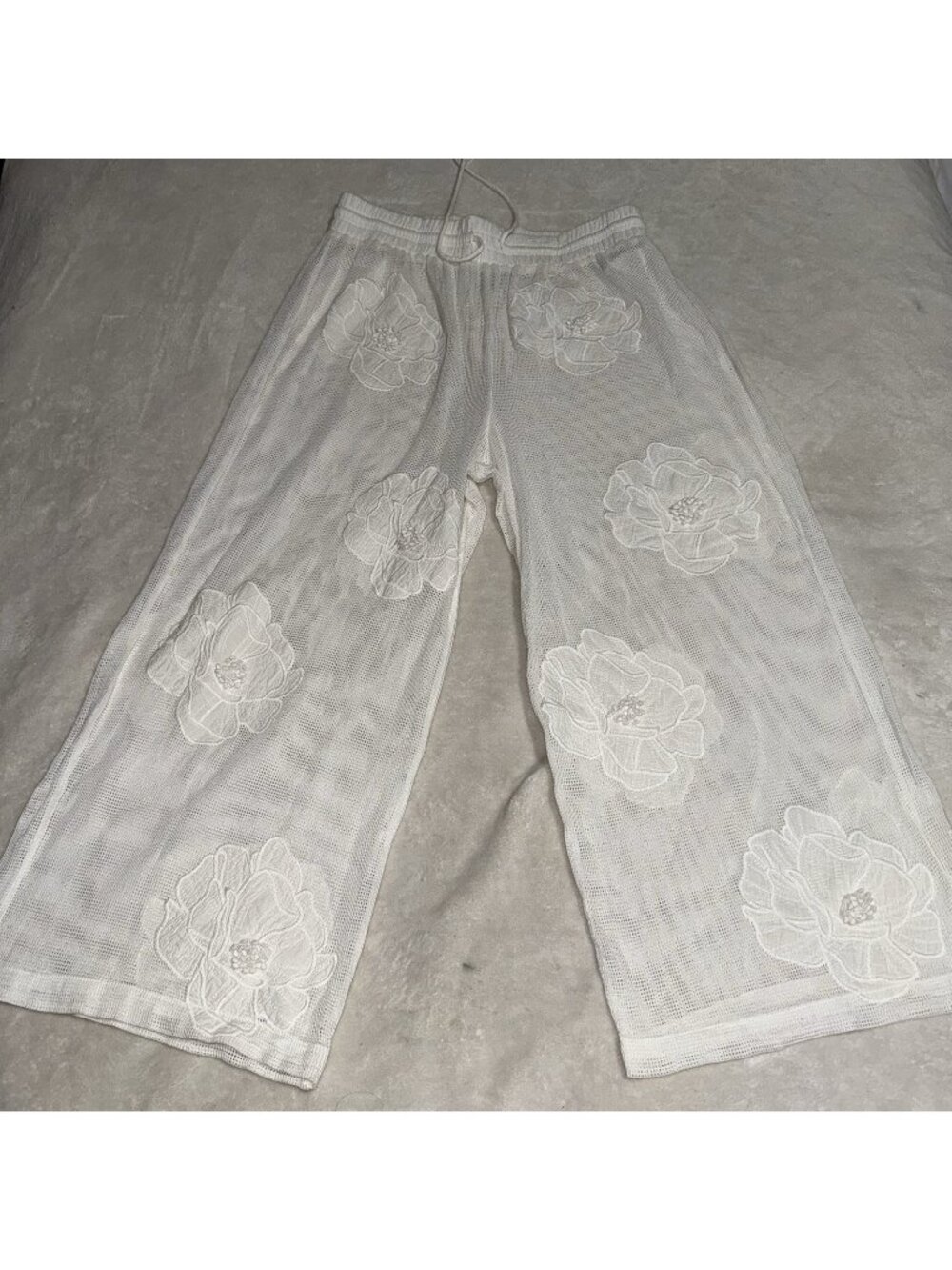 FARM Rio Womens Large White Floral Embroidered Wide Leg Crop Pants Drawstring